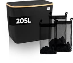 DARI. - Wasmand 3 vakken - Wassorteerder - 205L XXL - met 3 uitneembare zakken - wasmand - zwart - knopen — thumbnail 1