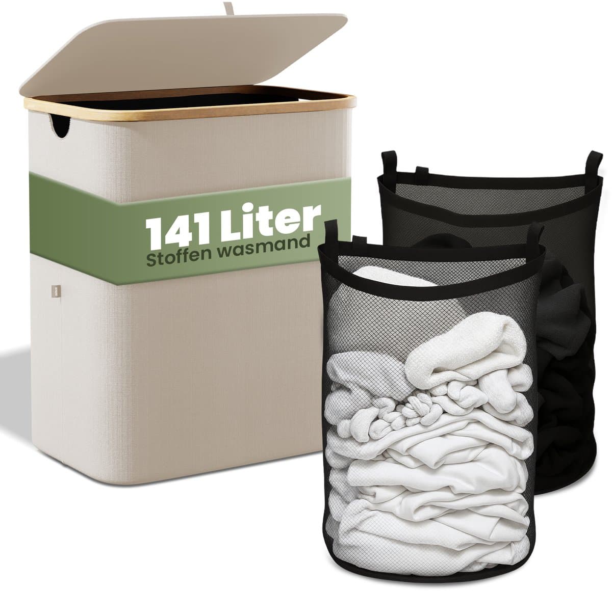 Nince Wasmand - 2 Vakken - 141L - Met Deksel - Wassorteerder - Uitneembare Waszakken - Bamboe - Opvouwbaar - Beige — afbeelding 1