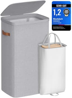 Wasmand, 100 L wasmand, met deksel en handgrepen, verwijderbare voering, eenvoudige montage, 42 x 32 x 75 cm, duifgrijs LCB811GD01 — thumbnail 1