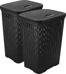 Hega Hogar Wasmand met deksel Rotan - 2x - antraciet - gevlochten kunststof - 60 liter - 34 x 43 x 62 cm — thumbnail 1