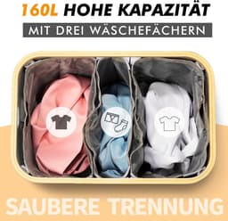 Wasmand met deksel, 3 vakken, de wasmand kan worden ingeklapt, 160 liter, donkergrijs — thumbnail 4