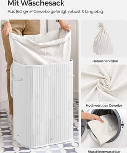 SONGMICS Wasmand met deksel (LCB010W01), 72 l, wasmand van bamboe, opvouwbaar, met afneembare wasbare zak, handgrepen, voor bijkeuken, slaapkamer, wit, 40 x 30 x 60 cm (L x B x H) — thumbnail 3