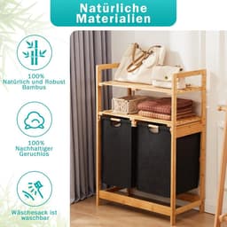 Allecto Premium - Bamboe Wasmand met 2 Planken en Uittrekbare Waszakken - Voor Slaapkamer, Badkamer en Waskeuken - 93 x 64 x 33 cm Zwart — thumbnail 2