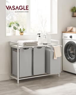 VASAGLE Wasmand 3 vakken, wasmand met plank, wasbox, waszak van uittrekbaar verwijderbare Oxford-stof, metalen frame, 3 x 38 L, 92,5 x 33 x 72 cm, duifgrijs — thumbnail 4
