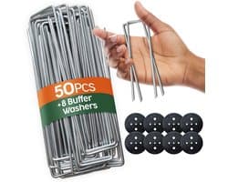 Grondankers, grondanker 50 stuks + 8 sluitringen inbegrepen, 150 mm lang, 25 mm breed, Ø 3 mm, voor tuin, mulch en kunstgras, van metaal, verzinkt, camping, reizen, staal