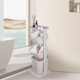 Wasmand met 3 vakken, 4 wielen, 2 kleine manden en 1 grote mand, afneembaar, wasmand met handgrepen voor badkamer, wasruimte, 44 x 33 x 110 cm — thumbnail 5
