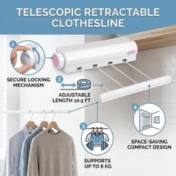 Waslijn Indoor Waslijn Telescopische Waslijn Draagbare Telescopische Waslijn Kleren Drogen Touwhanger voor Binnen en Buiten Benodigdheden (vier touwen) — thumbnail 2