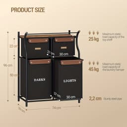 Mura Wasmand - Wasrek - Wassorteerder - Laundry Basket - Wasbox - 4 Vakken Sorteersysteem - Gelabeld - 145L - Zwart / Bruin — thumbnail 5