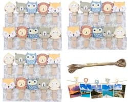 SnelShoppen - Houten Klemmen Klein met Bosdieren Motief 3.5 cm Mini Kleding Klemmen Hout - 30 Stuks + 10 m Jute Touw voor Foto's, Postkaarten, DIY en
