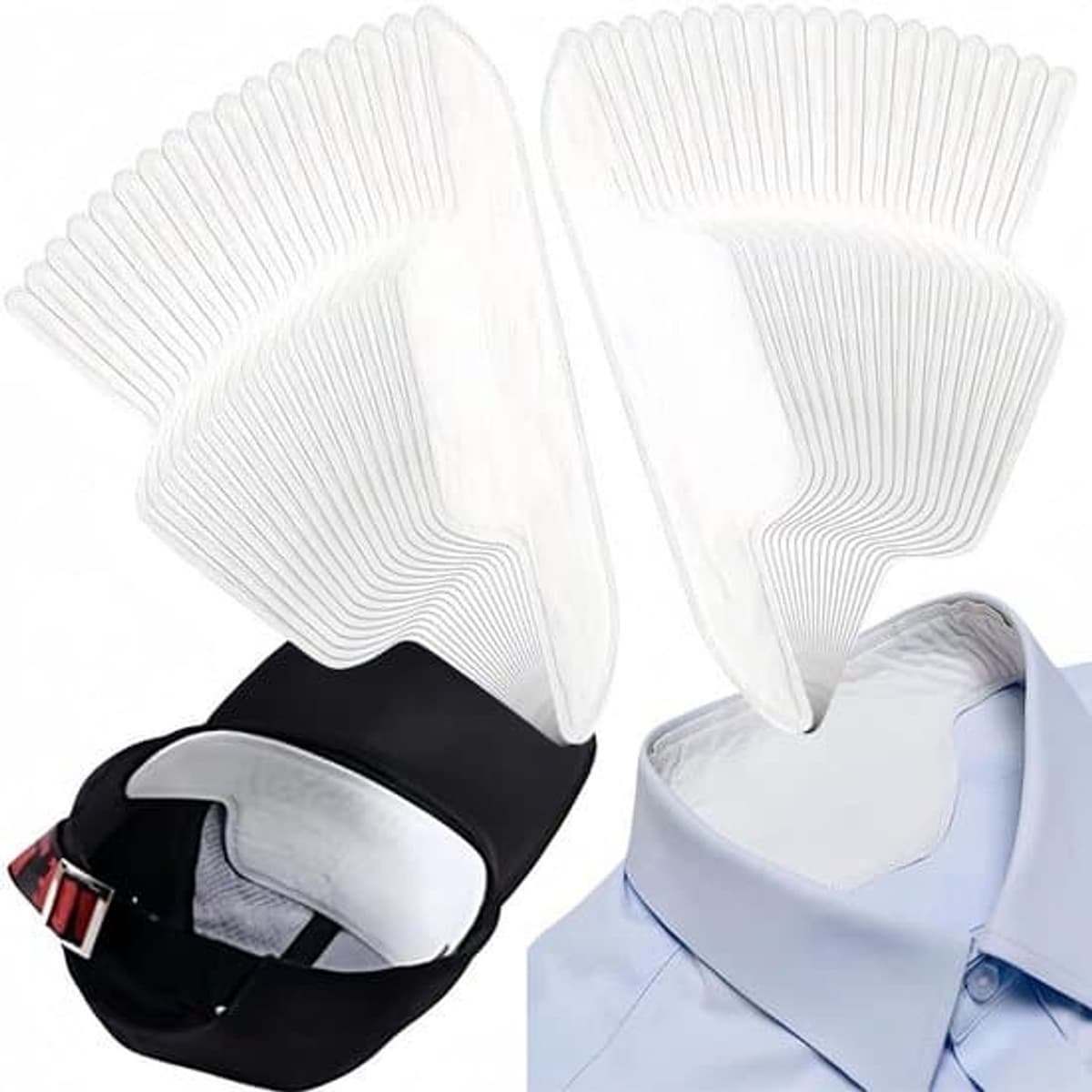 Verpakking van 50 zelfklevende shirt-/nekbeschermers, zweet-/olieabsorberend, voor petten/kragen/manchetten, wit. — afbeelding 1