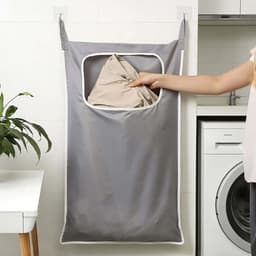 Waszakken om aan de deur op te hangen, compact en ruim met haken van roestvrij staal en ritssluiting, wasmand organizer voor badkamer, slaapkamer, kinderen, muur (grijs) — thumbnail 3