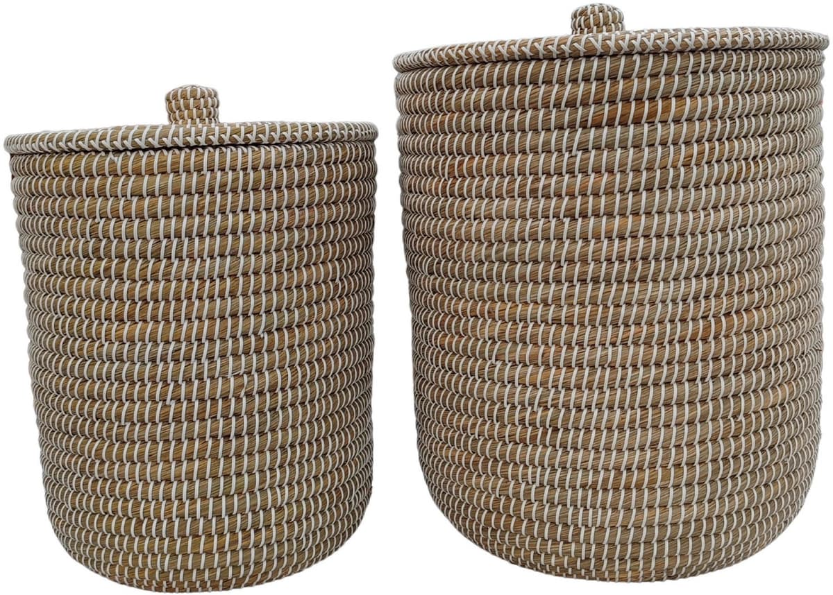 Wasmand met deksel – zeegras – set van 2 – 40 en 65 l – naturel wit — afbeelding 1