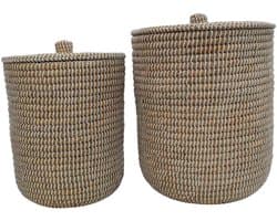Wasmand met deksel – zeegras – set van 2 – 40 en 65 l – naturel wit