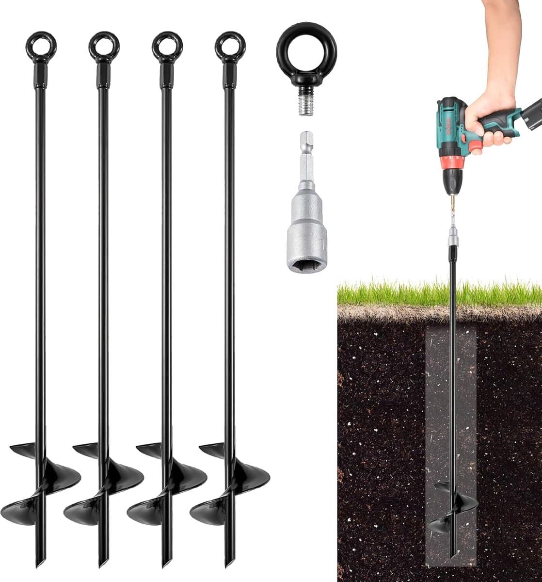 SnelShoppen - Set van 4 Grondankers, 38,5 cm, Swingankers, Ankerpalen, Trampoline-bevestiging voor Grond, Tentankers voor Tenten, Schommels, Zonnesche — afbeelding 1
