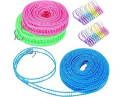 3 stuks waslijn 8 m antislip en winddicht nylon waslijn draagbare waslijn met 2 stuks roestvrijstalen haken hek-achtige touw waslijn voor opknoping kleding buiten (3 kleuren) (blauw)