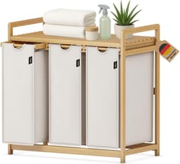 3 vakken 148L Met planken | grote vierkante wasverzamelaar van bamboe, wasbox, visueel aantrekkelijke wassorteerder in 77.5X41.3X77.5 CM grijs — thumbnail 2
