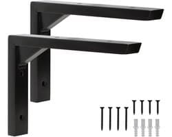Zwarte Planksteunen 15,5cm - RVS L-vormige Beugels - Triangulaire Versteviging - Sterke Ondersteuning - SnelShoppen