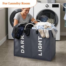 2 vakken, opvouwbare wasmand, sorteerder, licht donkere wasverzamelaar, 2 vakken, kinderkamer, waszak, 600D-stof, 60 liter, voor slaapkamer, wasruimte, slaapzaal, donkergrijs — thumbnail 4