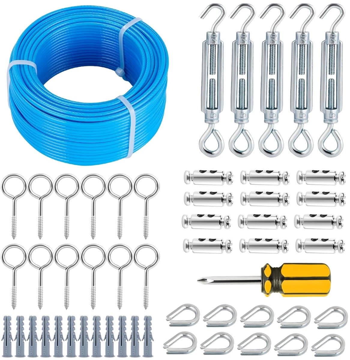 53 Stuks Waslijndraad Met Stalen Kern - Wasdraad - Waslijn - Inclusief Diverse Accessoires - PVC-Gecoate Kabelset - 100 Voet - Voor Waslijnen, T-Palen, Wijnranken en Het Ophangen Van Lichtsnoeren - Blauw — afbeelding 1