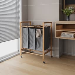 HAUSS SPOLE Wasmand - 3 Vakken En Wielen - 83 x 62 x 40 cm - Bamboe En Stof - Houtkleur En Antraciet - Was Sorteren In Huis — thumbnail 1