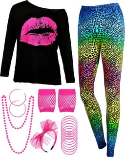 80s dameskostuumset, T-shirt, broek, leggings, oorbellen, halsketting, handschoenen, armband (lange mouwen, luipaard, S) — thumbnail 1
