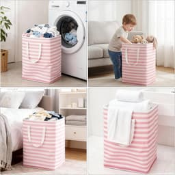 SnelShoppen - Vouwbare Wasmand 75 Liter met Roze Strepen, 2 Ritsen, Handvat, Grote Opbergmand voor Kleding, Speelgoed, Badkamer, Slaapkamer, Studenten — thumbnail 3