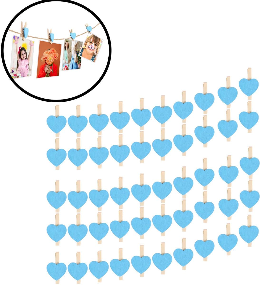 50-stuks Clips - Houten clips - Mini clips - Fotoclips - Hartvormige mini wasknijpers - Mini houten hartvormige wasknijpers - 1.5×3×0.5cm - Geschikt voor foto's, paperclips, zelfgemaakte Valentijnskaarten, tekeningen, scrapbooks, enz. - Blauw — afbeelding 1