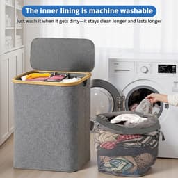 Wasmand - Wasmand 3 vakken - Wasmand met deksel - Groot volume 160 liter - Wassorteerder - Opvouwbaar - Verdeelde opbergmand - Geschikt voor slaapkamer, wasruimte, kast, badkamer en studentenkamer - Grijs — thumbnail 5