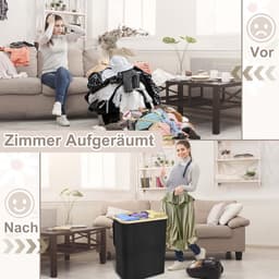 LILIIN 140 l wasmand met deksel, wasverzamelaar, 3 vakken, waszak, smal, opvouwbare wassorteerder, met handgrepen, wasmanden voor bijkeuken, slaapkamer, zwart — thumbnail 3