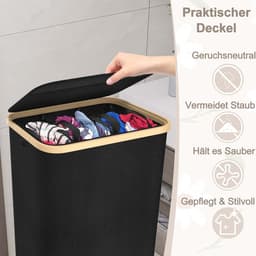 LILIIN 140 l wasmand met deksel, wasverzamelaar, 3 vakken, waszak, smal, opvouwbare wassorteerder, met handgrepen, wasmanden voor bijkeuken, slaapkamer, zwart — thumbnail 5