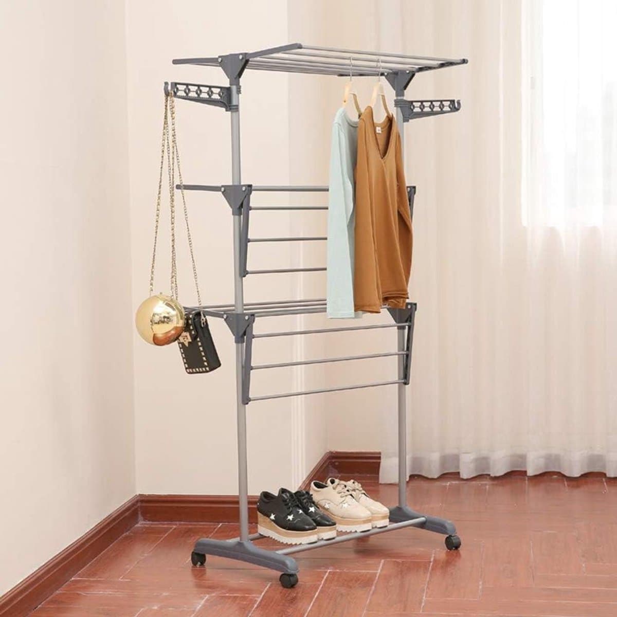 Verticaal Droogrek - Toren Droogrek - Kleding Drogen - Uittrekbaar met Zijvleugels - 72 x 56 x 152 cm - Grijs — afbeelding 1