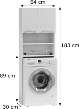 Home Collective Wasmachinekast, wit, hangkast, badkamerkast, hoge kast, badkamerrek, wasmachine droger kleine deuren 64 x 183 x 30 cm (B x H x D) — thumbnail 4
