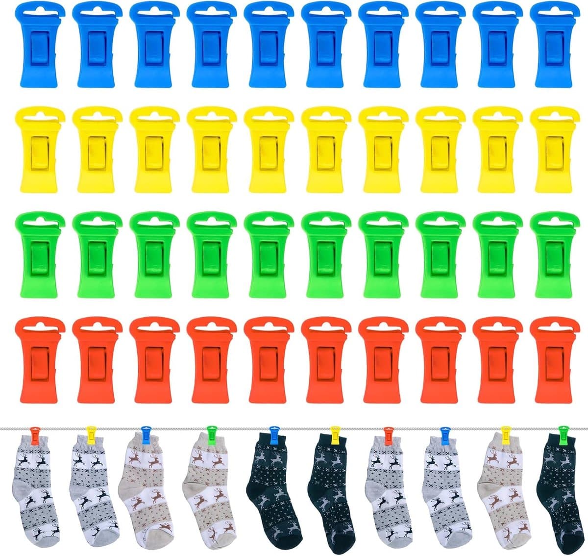 Pack van 40 Multicolour Plastic Sok Clips met Haakjes - Kleine Antislip Sok Clips voor Droger en Hangende Sokken - Schattige Sok Clips en Wasknijpers voor Waslijn — afbeelding 1