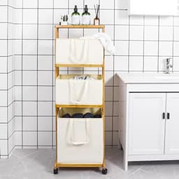 Bamboe wassorteerder met wieltjes - 3-laags wasrek met 4 opbergmanden, 121 cm hoog, 50 kg belastbaar, ruimtebesparend design voor badkamer en bijkeuken — thumbnail 4