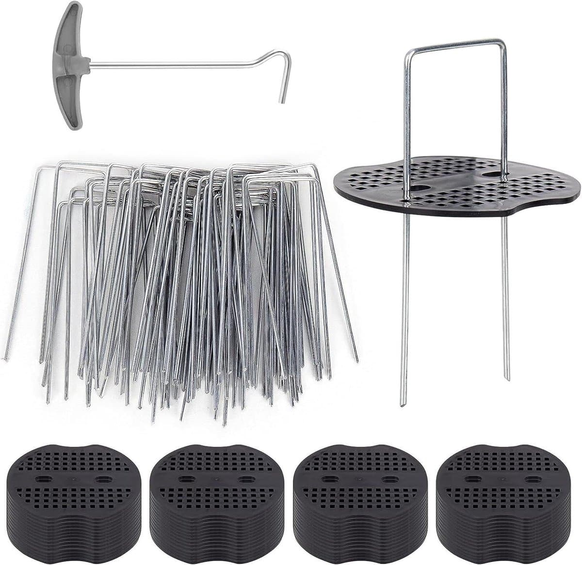 Roestbestendige grondankers voor tuin en camping, set van 50 stuks + haringtrekker, gegalvaniseerd staal met bufferschijf voor onkruiddoek — afbeelding 1