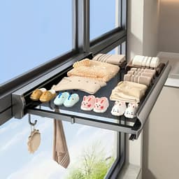 Droogrek-Wasrek hangend-Wandgemonteerde Uitschuifbare Wasrek met 8 Haken & Zwevende Planken -Heavy-Duty Aluminium-Grijs 60 cm. — thumbnail 1