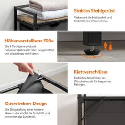 Wassorteerder - Met 4 Vakken, Opbergplank en Uittrekbare Zakken, 168L (4x 42L) - Voor Wasruimte, Badkamer en Slaapkamer - Zwart — thumbnail 4