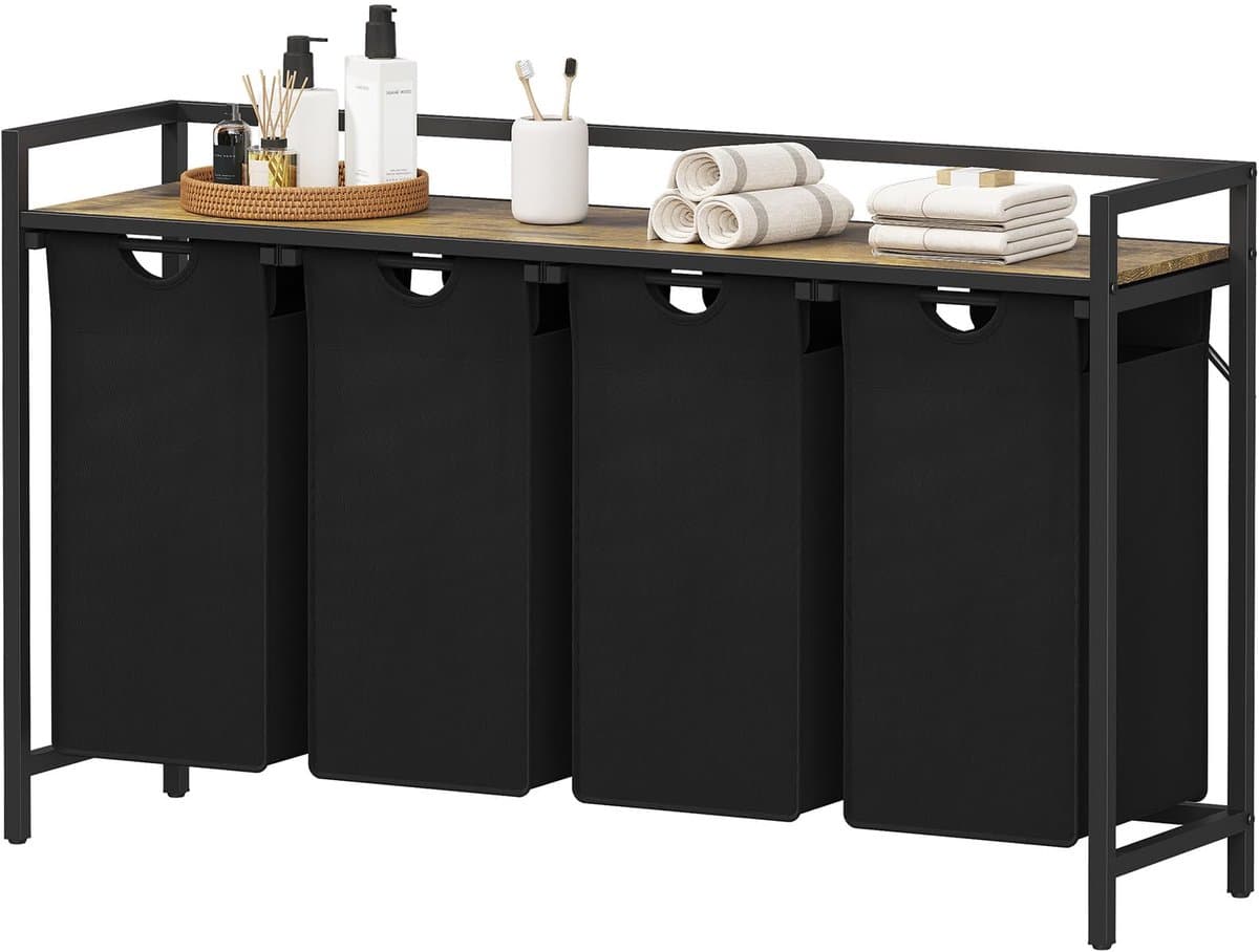 Wassorteerder - Met 4 Vakken, Opbergplank en Uittrekbare Zakken, 168L (4x 42L) - Voor Wasruimte, Badkamer en Slaapkamer - Zwart — afbeelding 1