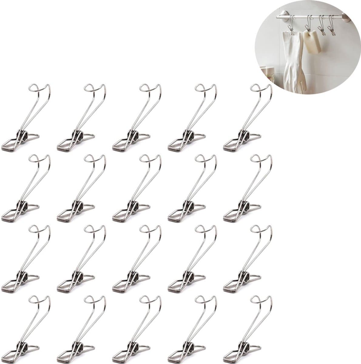 Roestvrij Stalen Washaken - kledinghaak RVS haak - reisdraagkleding - Washaken Clip - Drooghaak voor kleding - Antislip Kledinghangers - Washaken met klemmen - kleerhangers voor sokken - Veelzijdig - 20 stuks - zilver — afbeelding 1
