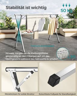Uitschuifbaar Droogrek - Wasrek - Kledingluchter - Roestvrij staal - 66cm x (133-200cm) x 130cm — thumbnail 5