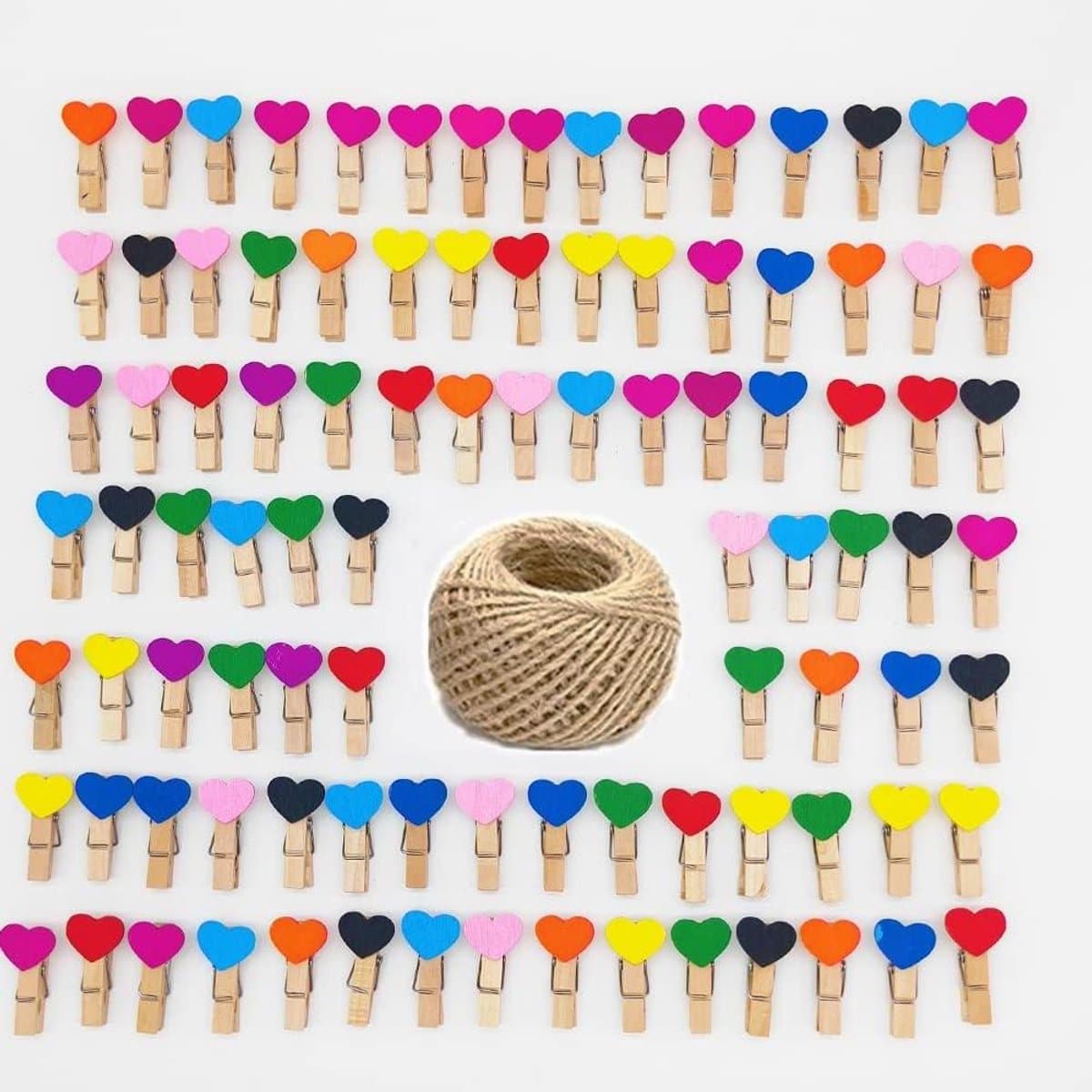 Allecta - Mini houten hartharingen (100 stuks) met kleurrijke wasknijpers en jute touw voor DIY kunst en bruiloftdecoraties. — afbeelding 1