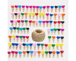 Allecta - Mini houten hartharingen (100 stuks) met kleurrijke wasknijpers en jute touw voor DIY kunst en bruiloftdecoraties.