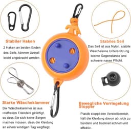 Uittrekbare 10 meter waslijn met 10 gespen en 20 winddichte wasknijpers — thumbnail 5