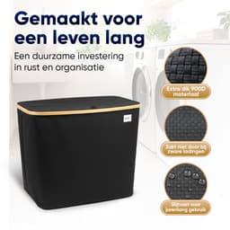 DARI. - Wasmand 3 vakken - Wassorteerder - 205L XXL - met 3 uitneembare zakken - wasmand - zwart - knopen — thumbnail 5
