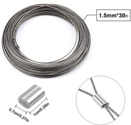 30 m x 1.5 mm Stalen Kabel - Multifunctionele - RVS Kabel - Foto Lijst Ophangdraad met 20 Stuks Aluminium Klemhuls - Voor Gordijn Touw - Waslijn - Handrail Kabels — thumbnail 5