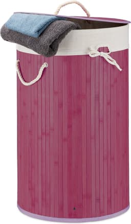 wasmand bamboe - 70 l - opvouwbaar - met deksel en katoenen waszak - Ø 41 cm - paars — thumbnail 2