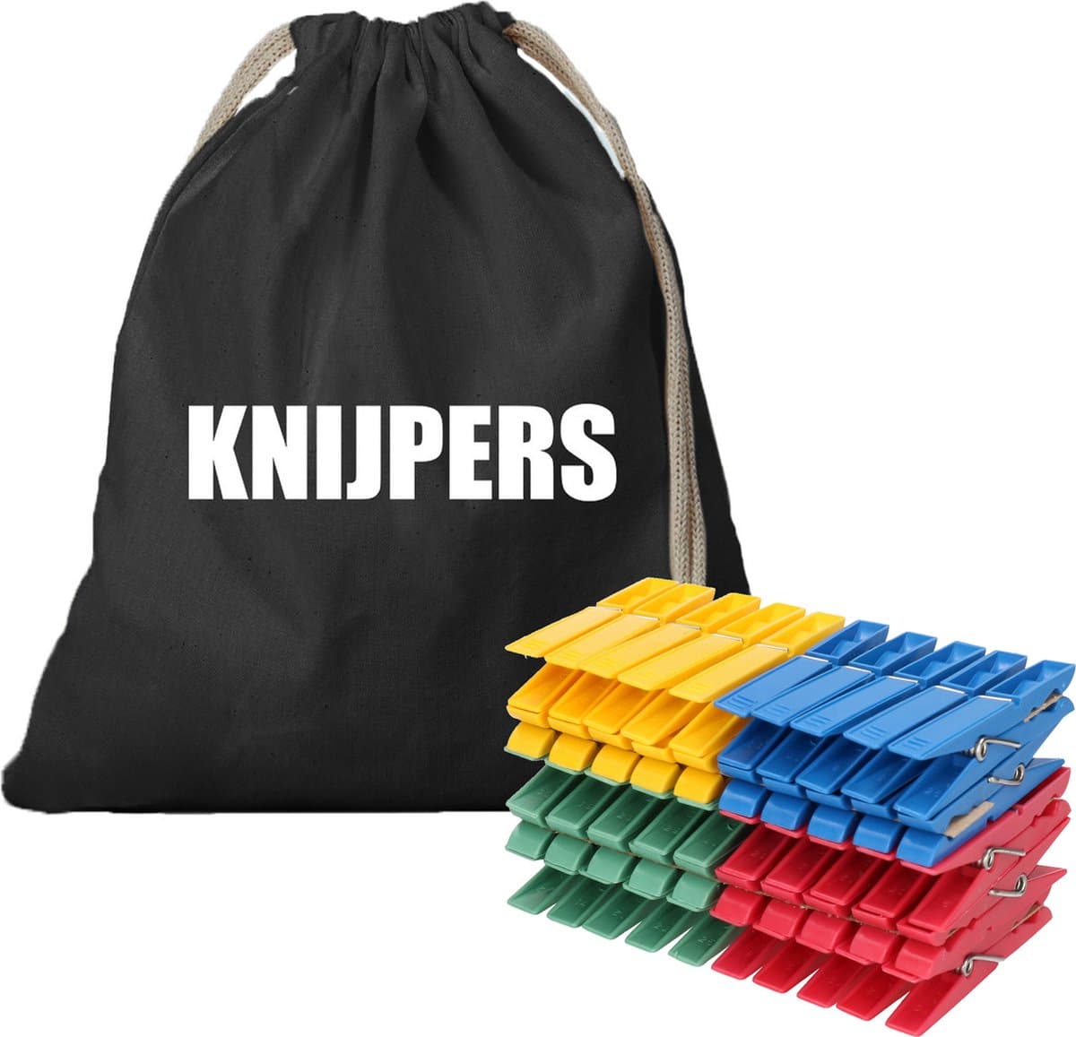 Canvas knijperzak - met 100 plastic wasknijpers - 25 x 30 cm - zwart - met koord — afbeelding 1
