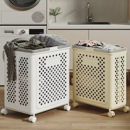 Wasmand - Wasmand opvouwbaar - 28x36x49 cm - 50 L - Met wielen - Met handgrepen - Ademend - Beige — thumbnail 3
