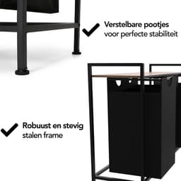 Brixy Wasmand 3 Vakken - Wassorteerder - Uitschuifbaar - Wasbox Metaal - 117L Inhoud - 90 x 33 x 70 cm - Zwart/Bruin — thumbnail 3