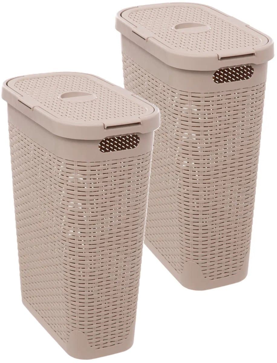 5Five Smalle Wasmand met deksel Rotan - 2x - beige - gevlochten kunststof - 40 liter - 26 x 46 x 60 cm — afbeelding 1